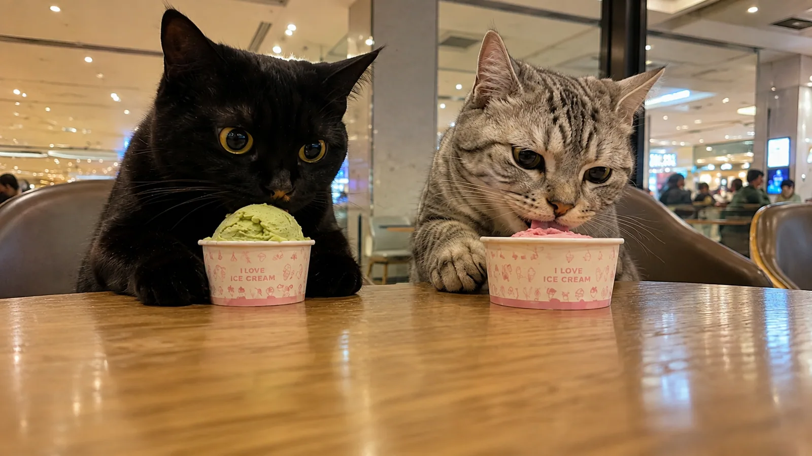两只猫一起吃冰淇淋