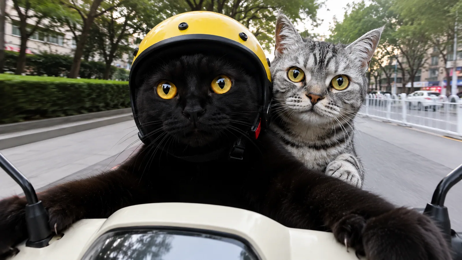 两只猫骑电动车出发
